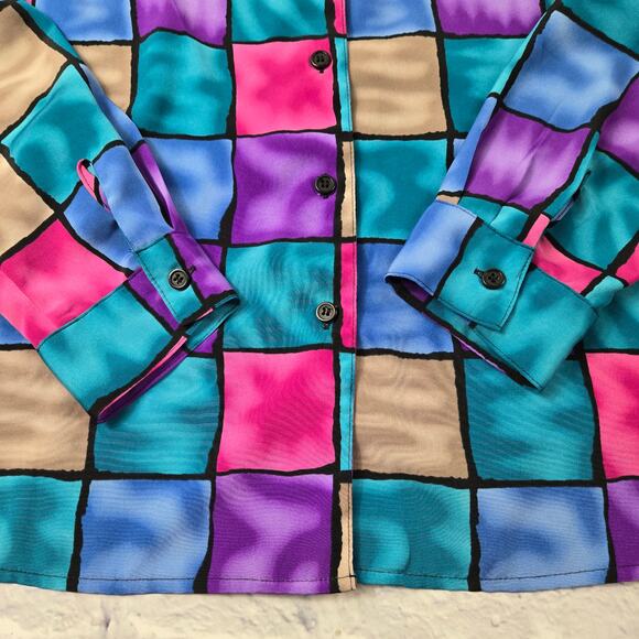 VTG Notations Blouse Shacket Multicolored Liquid Checkered Button Front Size Lrg - Picture 10 of 15